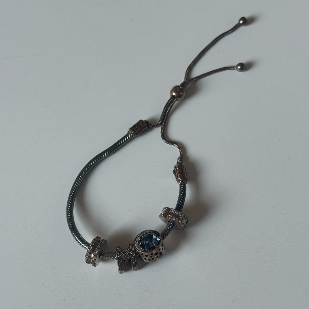 Pandora Adjustable Silver-Tone Bracelet with Blue Crystal Charm